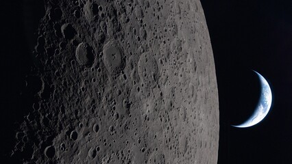 Gray dusty surface of the Earth's moon in space. Satellite point of view. Planet Earth globe in the distance. NASA Public Domain Imagery © Marcin Janiec