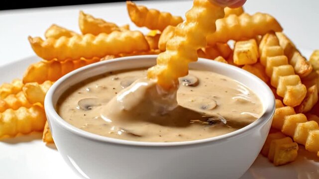 Crispy crinkle-cut french fries being dipped into a creamy mushroom sauce on a white plate