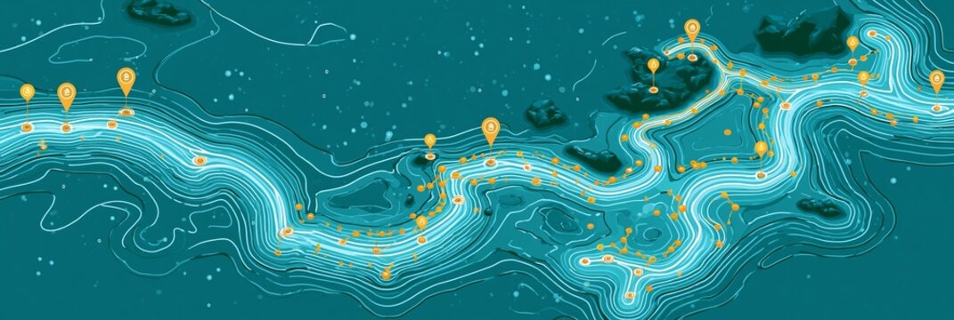 Medium shot of a minimal watershed map with highlighted sampling points and alert icons set against a clean earthy teal background emphasizing sustainable water management.