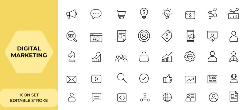 Line style digital marketing icons set for web and mobile app. Marketing, communication, ecommerce, social media, SEO, advertising, content, target audience, product, website, and more,