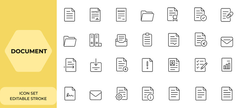 Web document icon set in linear style. Editable stroke icons collection of contracts, invoices, certificates, folders, archive, clipboard, approval, accept, and more, office, business, paperwork