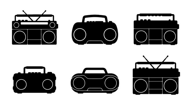 Retro boombox silhouette icons, vintage radio player set, 6 black music stereo vector elements