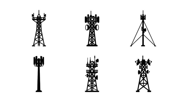 Telecommunication tower icons set, black radio antenna silhouettes, 6 mobile network cell towers