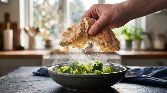 Green Broccoli Vegetable Bowl with Hand Tearing Pita Bread Action Shot Dramatic Backlight Food Scene