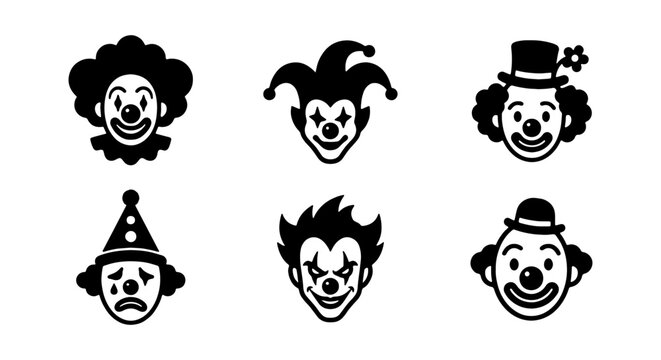 Clown face icons set, circus character head silhouettes, 6 jester and joker vector symbols