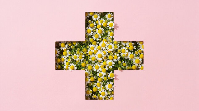 Medical cross symbol formed by fresh chamomile flowers on soft pink background. Alternative medicine, organic healthcare and natural pharmacy concept. Herbal remedy and wellness industry.