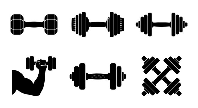 Dumbbell vector icon set, black fitness equipment, gym workout weights, strength training tools