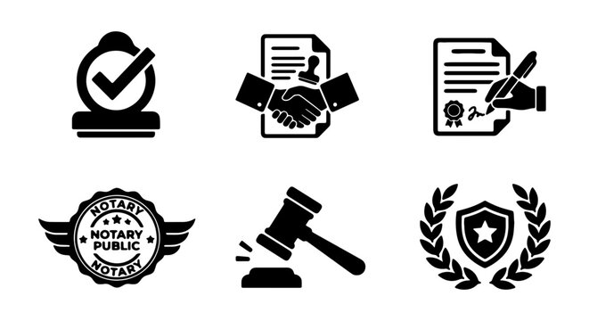 Notary Public Black Vector Icons, Legal Document Certification, Justice and Law Services Collection