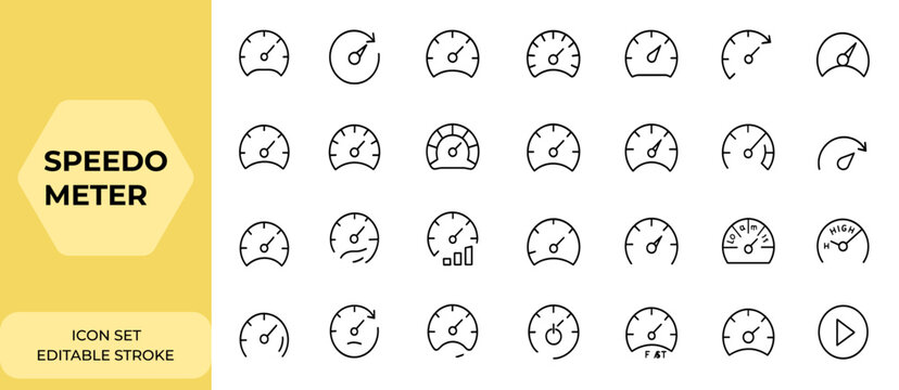Speedometer icons set: black speed signs, fast speed indicators with arrows, internet speed gauge, dashboard tachometer, credit score meter, risk level scale indicator and more.