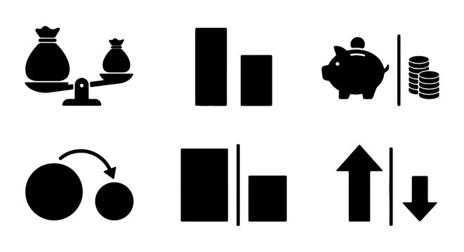 Financial comparison vector icon set, business growth and decline, money management, investment analysis