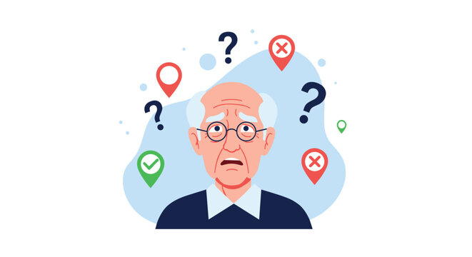 Confused senior man looks at various checkmarks, crosses, and question marks as he tries to navigate a difficult decision.