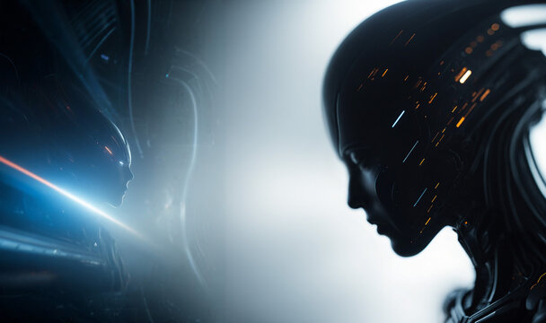 Two sleek black humanoid artificial intelligence figures facing each other with bright lens flare and glowing digital circuitry details on their bodies
