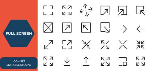 Black vector full screen icons set, including exit full screen and arrow mark icons. Scalable flat style for UI, mobile apps, websites. Vector illustration, interface, navigation, control and more. © JIm Studio