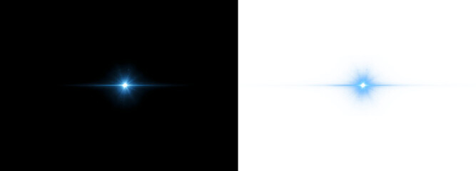 Cinematic blue lens flare with glowing light streaks on PNG image background. © Ihor Nemynushchyi