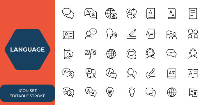Web icon set in line style for language, translation, and communication. Includes editable stroke linear icons of speech, dictionary, text, speaking, writing, translate, language, and more.