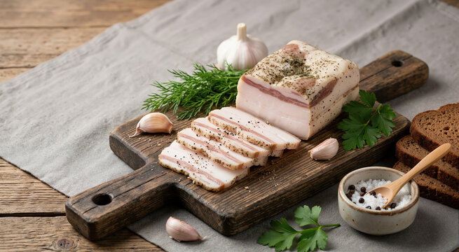 Traditional salo pork fat on a wooden board. Cured lard with garlic and rye bread