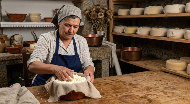 Artisan cheesemaker preparing fresh cheese in a traditional dairy. Woman working with curd in a rustic workshop