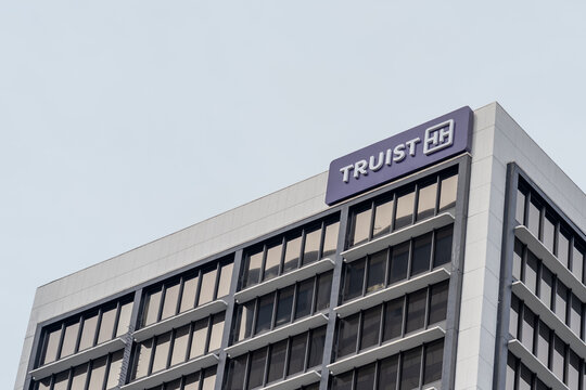 
Louisville, Kentucky, USA - December 28, 2021: A Truist bank office building in One Riverfront Plaza on Main St in Louisville, Kentucky, USA. Truist is an American bank holding company 