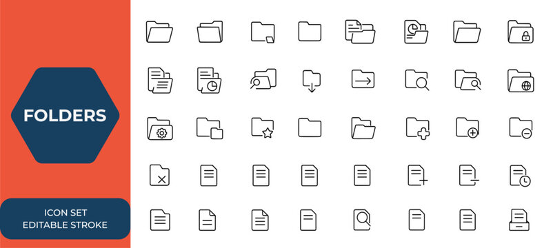 Open and closed folders icon set with documents, office data directory, file folder symbols, flat vector illustration for web design, app UI, document management system, archive, storage and more.