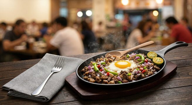 Sizzling sisig served on a hot cast iron skillet. Filipino pork dish with egg and chili on wooden table