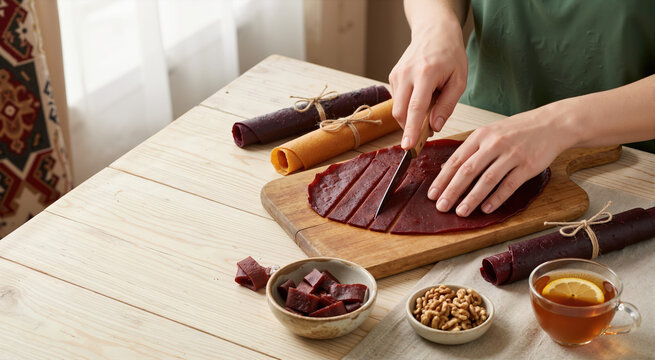 Woman cutting fruit leather on a wooden board. Homemade healthy snack