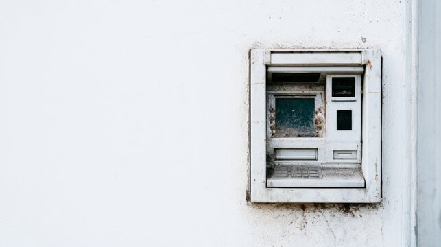 Old, broken ATM machine embedded in urban wall, representing financial decay and obsolescence concepts