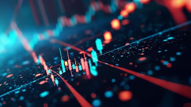 Colorful digital graph lines and data points illustrate dynamic stock market trends on a futuristic screen. algorithmic trading bots, AI assistant agents, high-frequency trading, neural networks