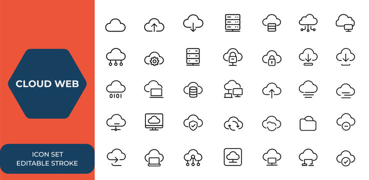 Line style cloud web icon set. Collection of cloud service, technology, server, database, networking, upload, download linear icons with editable stroke, digital, data, storage and more.