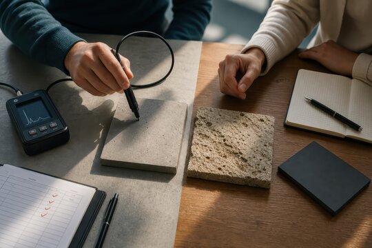 Hands comparing textured stone samples with inspection tool on a desk during material analysis
