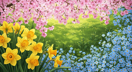 Obraz premium A vibrant spring meadow filled with blooming pink cherry blossoms, yellow daffodils, and delicate blue forget-me-nots, symbolizing renewal and natural beauty