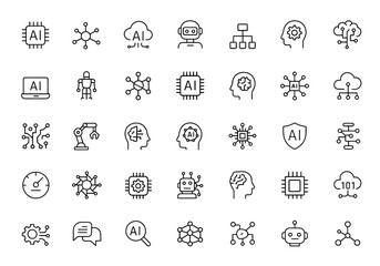 Obraz premium AI technology icon set for web and mobile apps. Machine learning, artificial intelligence, cloud computing, smart robotic, algorithm, digital AI tech. Solid vector icon collection, automation