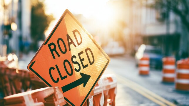 Orange road closed sign on street with traffic barriers, directing vehicles away from construction work, showing sun flair