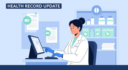 Fototapeta premium Doctor Updating Health Record on Computer, Medical Data Management