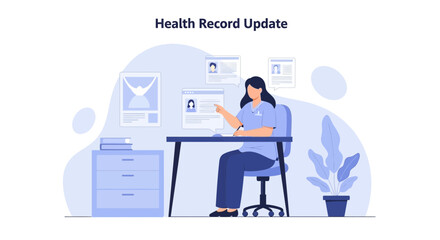 Fototapeta premium Doctor Updating Health Record on Computer, Medical Office Setting