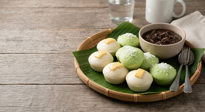 Traditional Filipino puto rice cakes on a banana leaf. Steamed snacks with cheese and coconut served with chocolate dip. Copy space