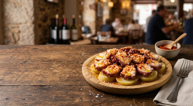 Pulpo a la gallega on a wooden plate. Traditional Spanish octopus dish with potatoes and paprika