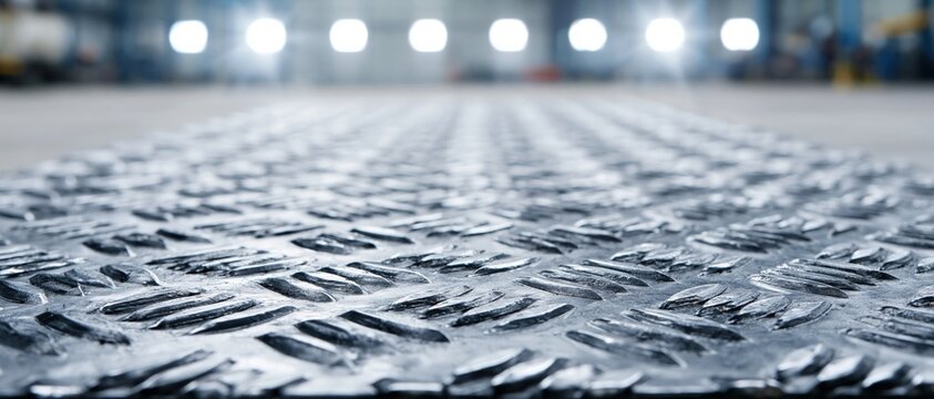 Metal diamond plate lying flat on industrial workshop floor