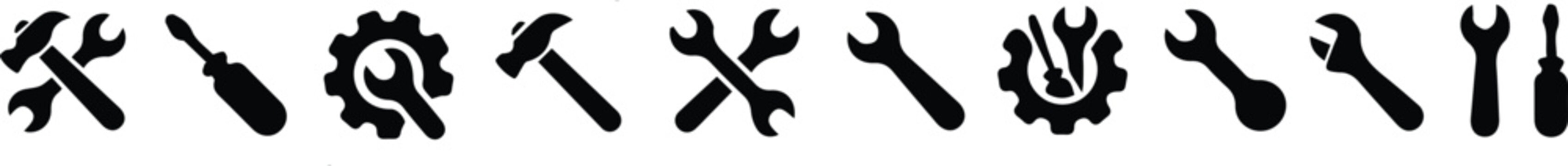 Tools and Service icons set. Wrench, screwdriver and gear icon. Screwdriver and wrench glyph icon.