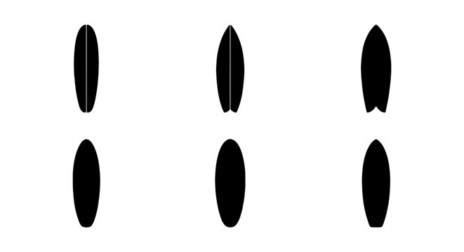 Minimalist surfboard silhouettes, black surf board icons set, surfing equipment vectors