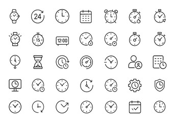 Obraz premium Clock and Time icon set in linear style for web and mobile apps. Includes watch, calendar, countdown, alarm, speed, timer, recovery, and time management simple vector illustrations and more.