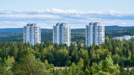 Fototapeta premium Three modern residential apartment buildings rising from a dense green forest, contrasting nature and urban development