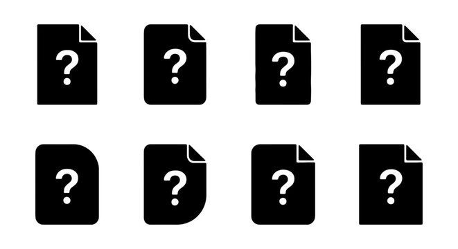 Unknown file format icons, 8 black document vector symbols, missing data file types