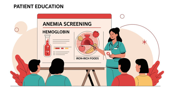 Doctor teaching patients about anemia screening and hemoglobin levels with iron-rich foods
