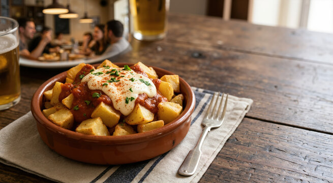Patatas bravas in a clay bowl. Traditional Spanish tapas dish