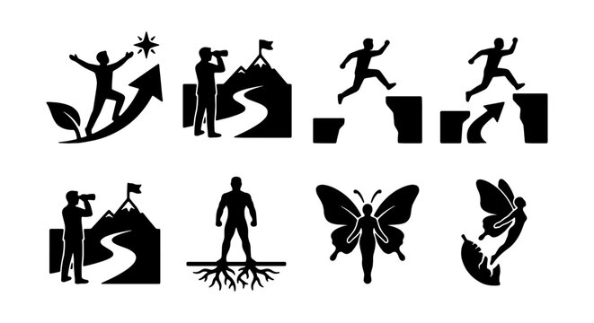 Growth and Success Vector Icons. Personal Development, Business Achievement, and Transformation Symbols.