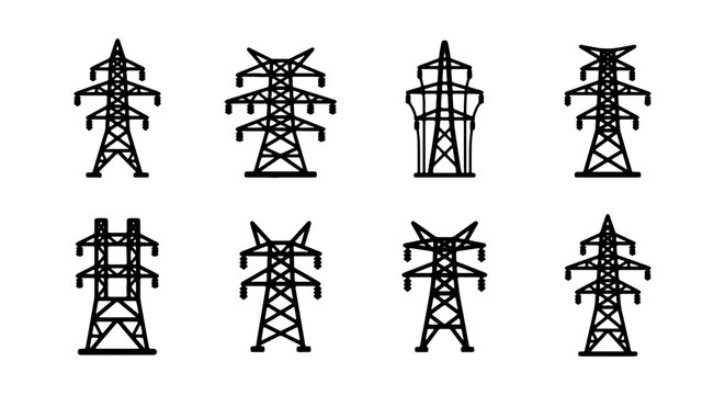 Power Line Towers Collection, Electricity Transmission Pylons Set, High Voltage Support Structures