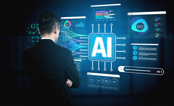 Businessman Analyzing Artificial Intelligence Data with Interface Graphics and Colorful Charts in Modern Office Environment Sigmoid