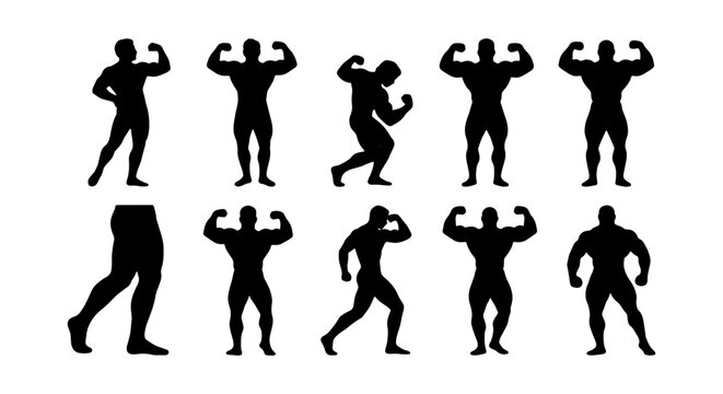 Bodybuilder Silhouettes, Fitness Poses Vector Set, Muscular Men Icons, Strength Training