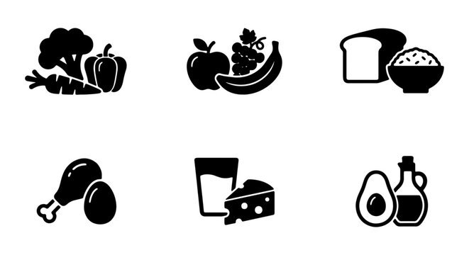Food Icons Set: Healthy Ingredients, Nutrition, Culinary Elements, Vector Graphics