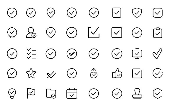 Set of vector check mark icons for websites, mobile apps, and developers. Profile verification symbols, checkbox icons, checklist marks, done icons, and check mark symbol set and more.